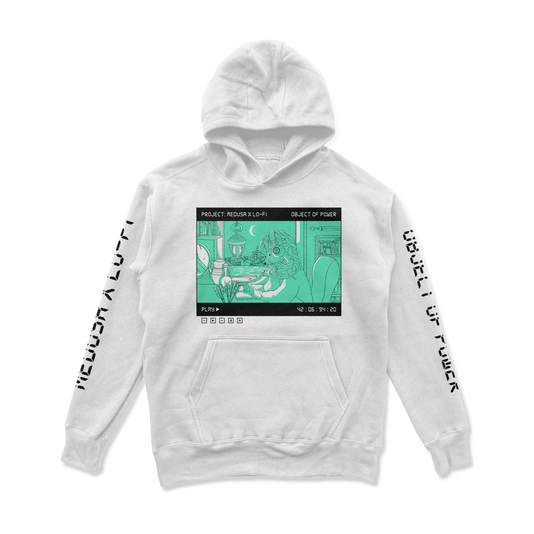 Object of Power nerdy gamer anime tabletop roleplaying Hoodie Medusa X Lo-Fi Hoodie Chest & Sleeve Prints / White / S