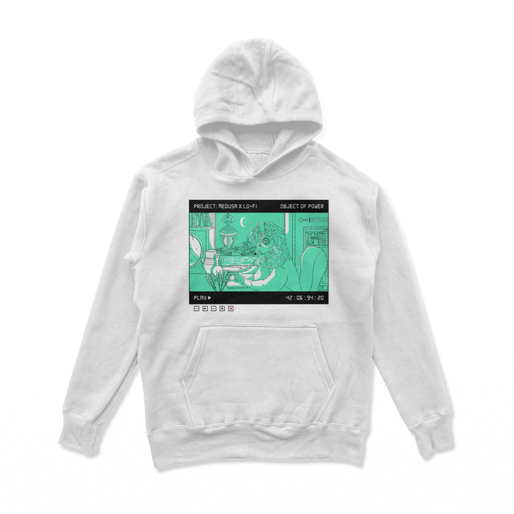 Object of Power nerdy gamer anime tabletop roleplaying Hoodie Medusa X Lo-Fi Hoodie Chest Print / White / S