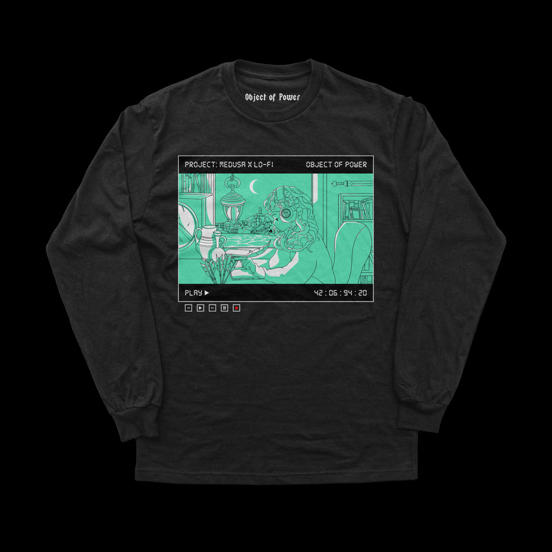 Object of Power nerdy gamer anime tabletop roleplaying Long Sleeve Tee Medusa X Lo-Fi Long Sleeve Tee Front Print / Black / XS