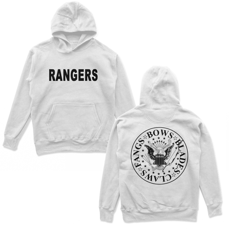Object of Power nerdy gamer anime tabletop roleplaying Hoodie Rangers Rock Band Hoodie Chest & Back Prints / White / S