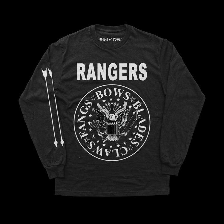 Object of Power nerdy gamer anime tabletop roleplaying Long Sleeve Tee Rangers Rock Band Long Sleeve Tee Front & Sleeve Prints / Black / XS