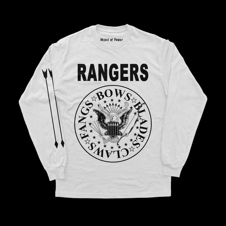 Object of Power nerdy gamer anime tabletop roleplaying Long Sleeve Tee Rangers Rock Band Long Sleeve Tee Front & Sleeve Prints / White / XS
