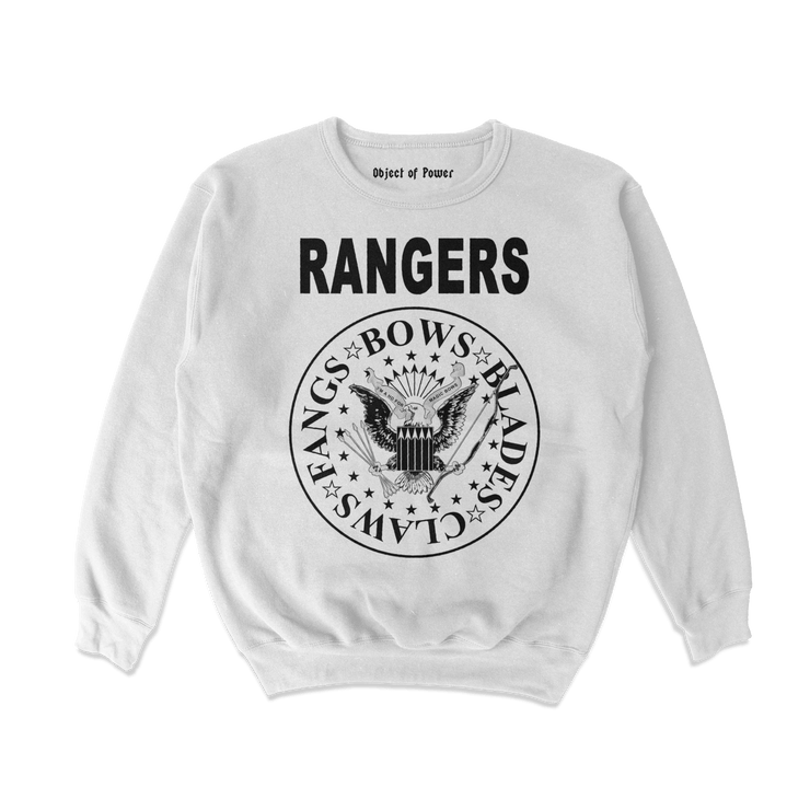 Object of Power nerdy gamer anime tabletop roleplaying Sweatshirt Rangers Rock Band Sweatshirt Front Print / White / S