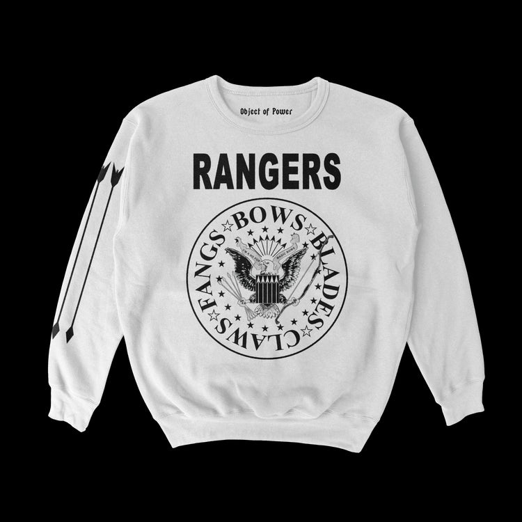 Object of Power nerdy gamer anime tabletop roleplaying Sweatshirt Rangers Rock Band Sweatshirt Front & Sleeve Prints / White / S