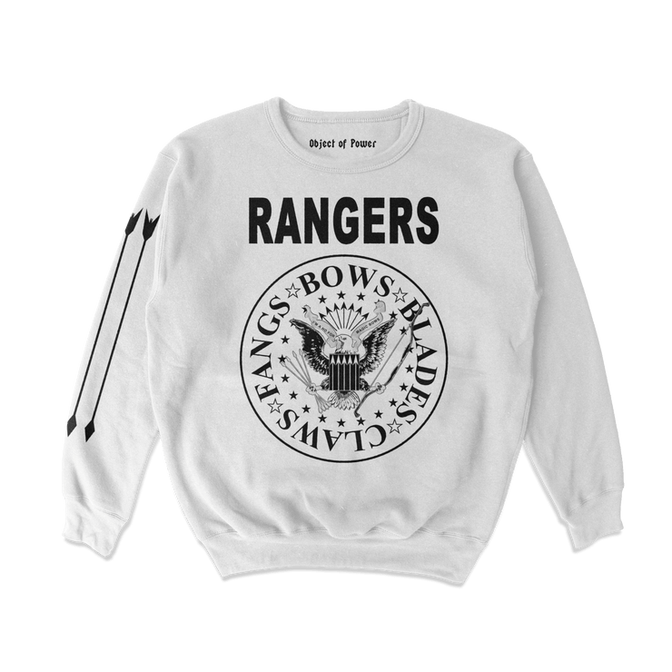 Object of Power nerdy gamer anime tabletop roleplaying Sweatshirt Rangers Rock Band Sweatshirt Front & Sleeve Prints / White / S