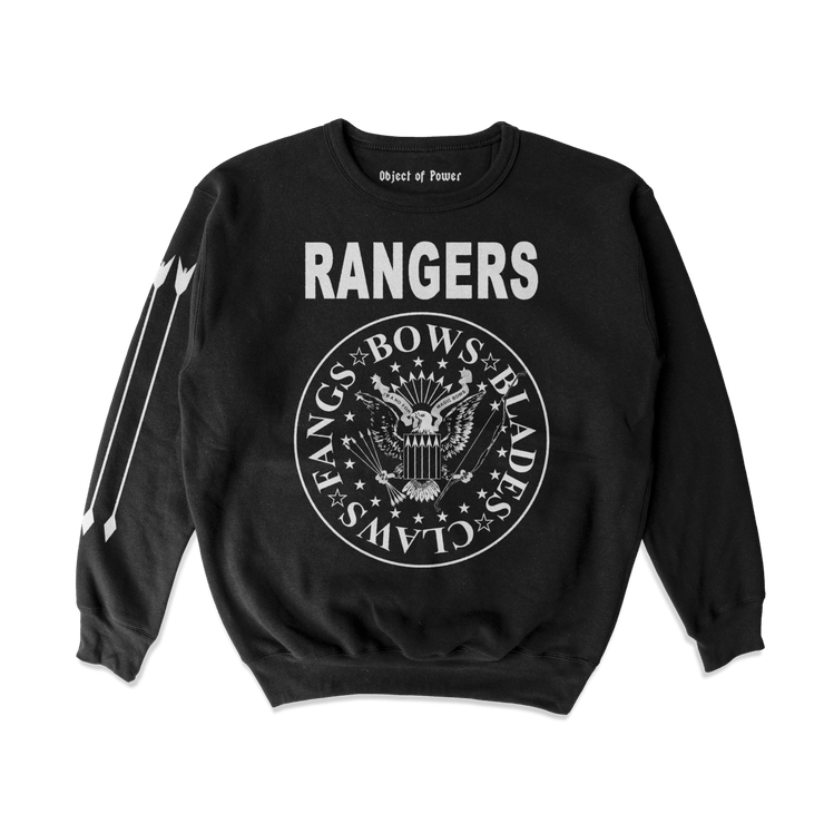 Object of Power nerdy gamer anime tabletop roleplaying Sweatshirt Rangers Rock Band Sweatshirt Front & Sleeve Prints / Black / S