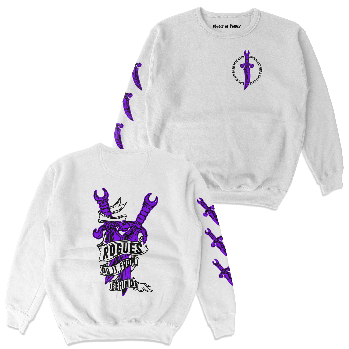 Object of Power nerdy gamer anime tabletop roleplaying Sweatshirt Rogue's Dagger Sweatshirt Chest, Back, & Sleeve Prints / White / S